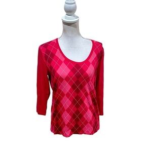 Talbots Pink red Argyle 3/4 Sleeve stretch cotton Top scoop neck size medium
